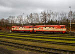 Die beiden „Zamračenás“ (Finstergesichter) 749.162-4 und 749.181-4 (CZ – IDSC 92 54 2 749 162-4 und CZ – IDSC 92 54 2 749 181-4) der IDS Cargo  a.s. (Olomouc / Olmütz) sind am 24.11.2022 beim Bahnhof Domažlice (Taus) abgestellt.

Die 749 162-4 wurde 1969 von ČKD Praha (Českomoravská-Kolben-Daněk, Prag) unter der Fabriknummer 7359 gebaut und als ČSD T 478.1162 an die Československé státní dráhy (Tschechoslowakischen Staatsbahnen) geliefert, 1988 erfolgte die Umzeichnung in ČSD 751 162-9, nach der Auflösung der Tschechoslowakei zum 31. Dezember 1992, blieb sie in Tschechien und wurde zum 01.01.1993 zur ČD751 162-9, im Jahr 1994 wurde sie zur ČD 749 162-4 umgebaut und im Mai 2012 wurde sie an die IDS Cargo  a.s. in Olomouc (Olmütz) verkauft.

Die 749 181-4 wurde 1970 von ČKD Praha unter der Fabriknummer 7673  gebaut und als ČSD T 478.1181 geliefert, ab 1988 ČSD 751 181-9, ab 1993 ČD 751 181-9, im Jahr 1995 umbau zur ČD 749 181-4, im Mai 2012 Verkauf an IDS Cargo  .

Die Lokomotiven der Baureihe 749 sind Diesellokomotiven mit elektrischer Kraftübertragung, die durch Rekonstruktion/ Modernisierung aus der ČD Baureihen 751 und 752 (ex ČSD-Baureihe T478.1 und .2) entstanden ist. Zwischen 1992 und 1996 wund insgesamt 60 Lokomotiven umgebaut. Kernstück des Umbaus der Loks war der Einbau einer elektrischen Zugheizung (Heizgenerator TA415), anstelle des Dampferzeugers PG 500, damit diese Lokomotiven weiterhin im Personenverkehr eingesetzt werden konnten.

Nach dem Ende des Übergangs von der Dampf- zur Motortraktion in den frühen 80er Jahren des letzten Jahrhunderts beschloss die ČSD, die bis dahin übliche Beheizung von Personenkraftwagen mit Dampfheizung zu beenden. Von einer Motorlokomotive gezogene Züge sollten nur elektrisch beheizt werden. Die Dampfheizung der Eisenbahn war (damals) schon technisch anspruchsvoll, vor allem was die Wartung anbelangte. Auch der Dieselverbrauch, der allgegenwärtige austretende Dampf und die Notwendigkeit Wasser nachzufüllen waren unbefriedigend. Kernstück des Umbaus von Lokomotiven der Baureihe 751 (T478.1) war der Ersatz des Dampferzeugers PG 500 durch einen Heizgenerator TA415, damit diese Lokomotiven weiterhin im Personenverkehr eingesetzt werden konnten. Maschinen der Baureihe 752 (T478.2), die für den Güterverkehr bestimmt waren, hatten anstelle eines Generators ein Vorschaltgerät eingebaut. Außerdem wurde sie durch eine moderne Elektroheizung ersetzt. Früher ab 1991 wurden jüngere   Brejlovec  (Taucherbrillen) der ursprünglichen BR 753 (ČSD T478.3) auf ähnliche Weise auf die BR 750 umgebaut.

Die Umrüstung der Lokomotiven der Baureihen 751 und 752 auf elektrische Beheizung der Zuggarnituren erfolgte nur bei den ČD. In der Slowakei wurden Umbauten dieser Baureihen nicht vorgenommen, da die jüngeren und leistungsstärkeren Maschinen 750 und 754 für die Personenbeförderung ausreichten.

Im Jahr 2022 besitzt das staatliche Verkehrsunternehmen ČD insgesamt acht Lokomotiven. Seit 2011 wurden zudem einige stillgelegte 749er Lokomotiven an private Transportunternehmen verkauft. Die überwiegende Mehrheit von ihnen wurde umfangreichen Hauptreparaturen unterzogen und wird entweder als historische Fahrzeuge oder für den Transport verschiedener (hauptsächlich Güter-) Züge im gesamten Gebiet der Tschechischen Republik eingesetzt. Zu diesen gehören auch diese 749.162-4 und 749.181-4 der IDS Cargo  a.s. (Olomouc / Olmütz).

TECHNISCHE DATEN:
Hersteller: ČKD Praha (Prag) 
Umbau durch: ČD und ŽOS
Anzahl der Umbauten: 60 
Baujahre/Umbaujahre: 1966 bis1971/ 1992 bis 1995
Spurweite: 1.435  mm (Normalspur)
Achsformel: Bo' Bo'
Länge über Puffer: 16.500  mm
Drehzapfenabstand: 9.000 mm
Achsabstand im Drehgestell: 2.400 mm
Maximale Breite:  2.940 mm
Maximale Höhe:  4.103 mm
Treibraddurchmesser: 1.000 mm (neu) / 920 mm (abgenutzt)
Dienstgewicht: 75 t
Höchstgeschwindigkeit: 100 km/h
Installierte Leistung: 1.104 kW (1.500 PS)
Leistung am Rad: 4 x 245 kW = 980 kW
Anfahrzugkraft: 180 kN
Dauerzugkraft: 120 kN
Dieselmotor: Sechszylinder-Viertakt-Dieselmotor mit Turboaufladung und Ladeluftkühlung vom Typ ČKD K 6 S 310 DR
Fahrmotor : 4 Stück vom Typ TE 005 mit 245 kW Leistung 
Leistungsübertragung: elektrisch

Quellen: Wikipedia, atlaslokomotiv.net

Beschreibung der ursprünglichen Baureihe 751/752 siehe 
http://hellertal.startbilder.de/bild/slowenien~unternehmen~ssk-cargo/799903/wir-erreichen-am-24112022-mit-dem.html
